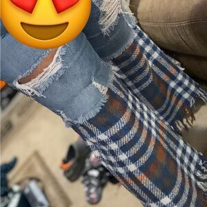 Blue Plaid Patchwork Flare Jeans